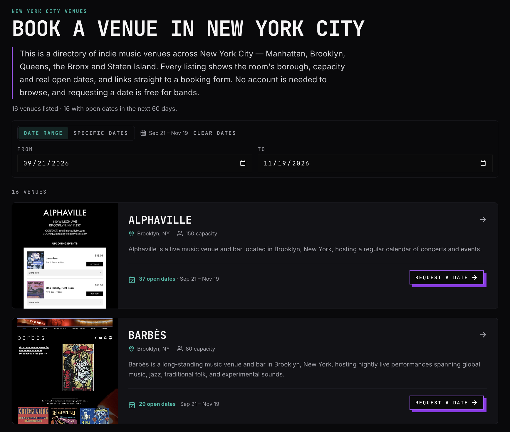 BANDANA venue directory showing New York City venues, open dates, and booking actions